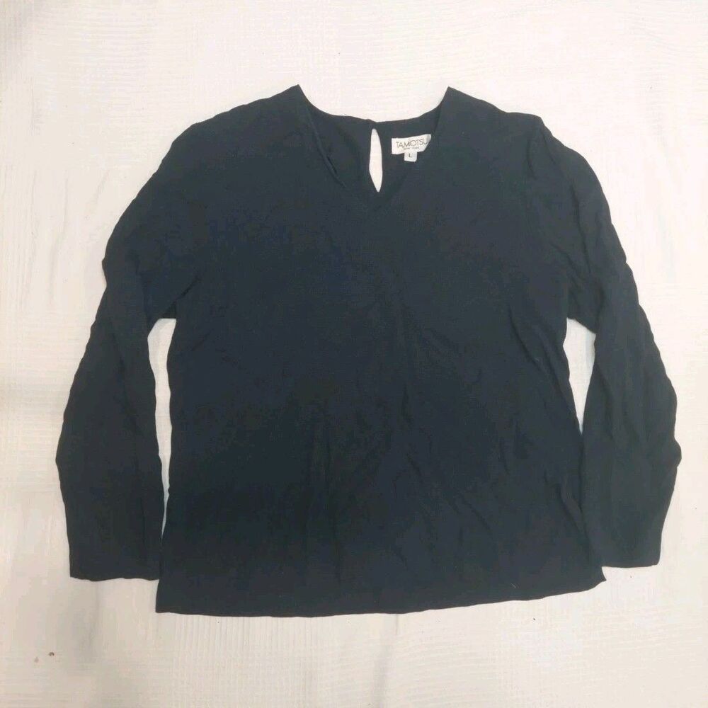 L - Vintage Tamotsu New York Navy V- Neck Blouse  Size Large Made In USA